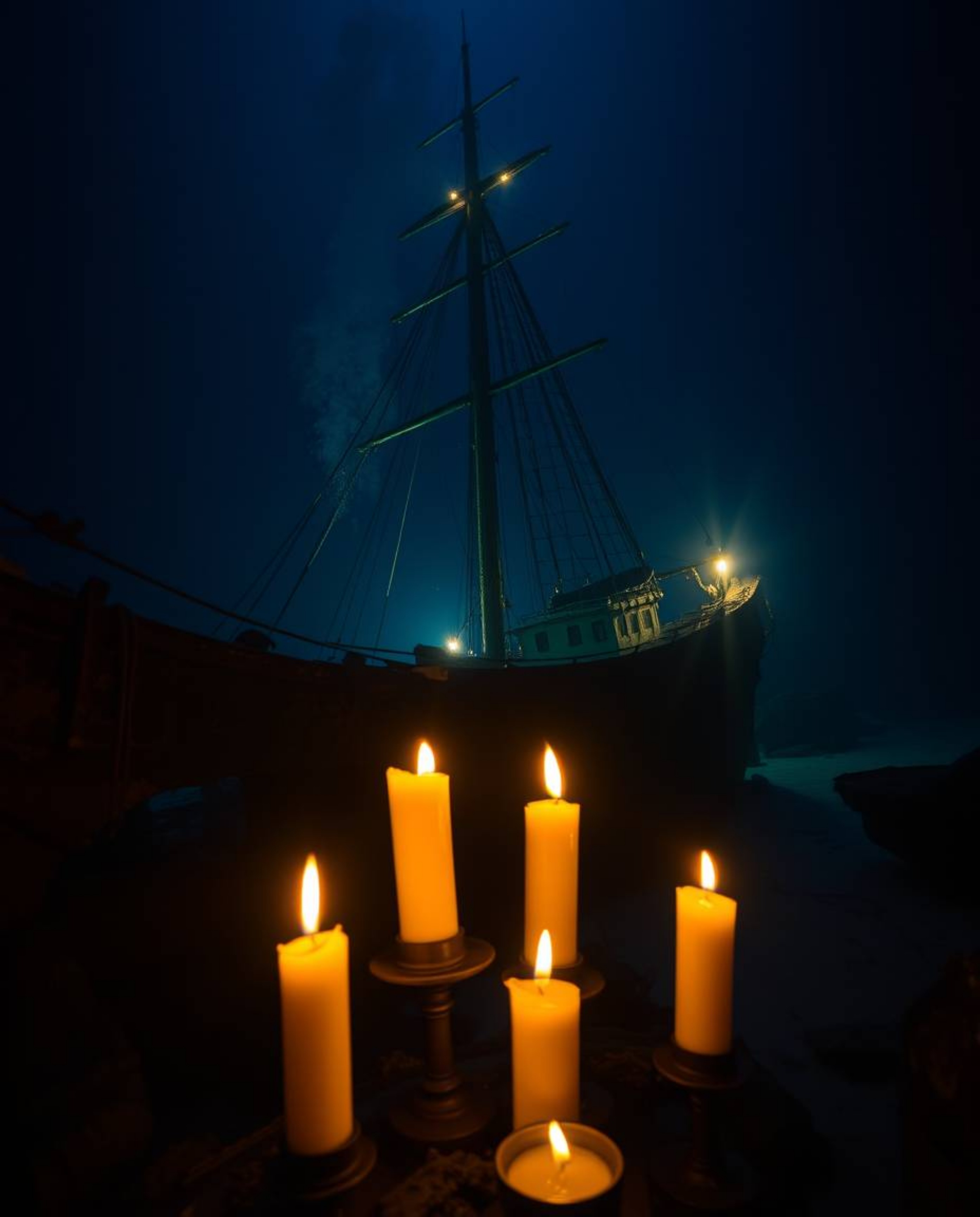This collection features high-resolution stock photos of a shipwreck beautifully illuminated deep underwater. The warm candle