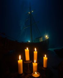 This collection features high-resolution stock photos of a shipwreck beautifully illuminated deep underwater. The warm candle