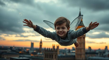 A captivating image of a young boy soaring above London with the aid of pixie dust, captured in a style reminiscent of award-
