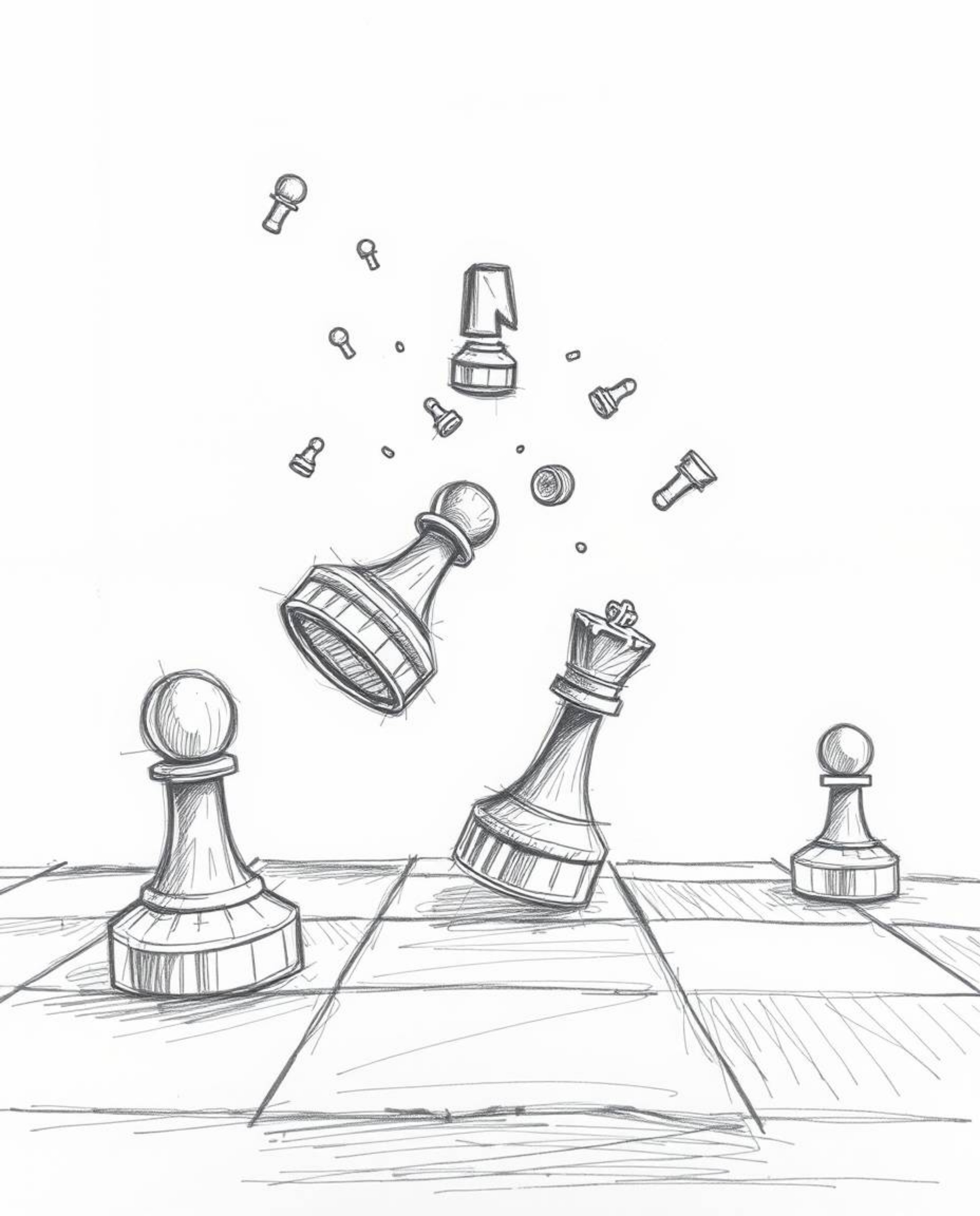 A dramatic, hand-drawn sketch captures a chessboard in a state of chaotic destruction.  Pieces are frozen mid-air, suspended 