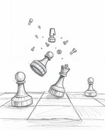 A dramatic, hand-drawn sketch captures a chessboard in a state of chaotic destruction.  Pieces are frozen mid-air, suspended 