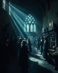 Explore a magical school teeming with young wizards, captured in an ethereal and spiritual atmosphere. Experience the mystic