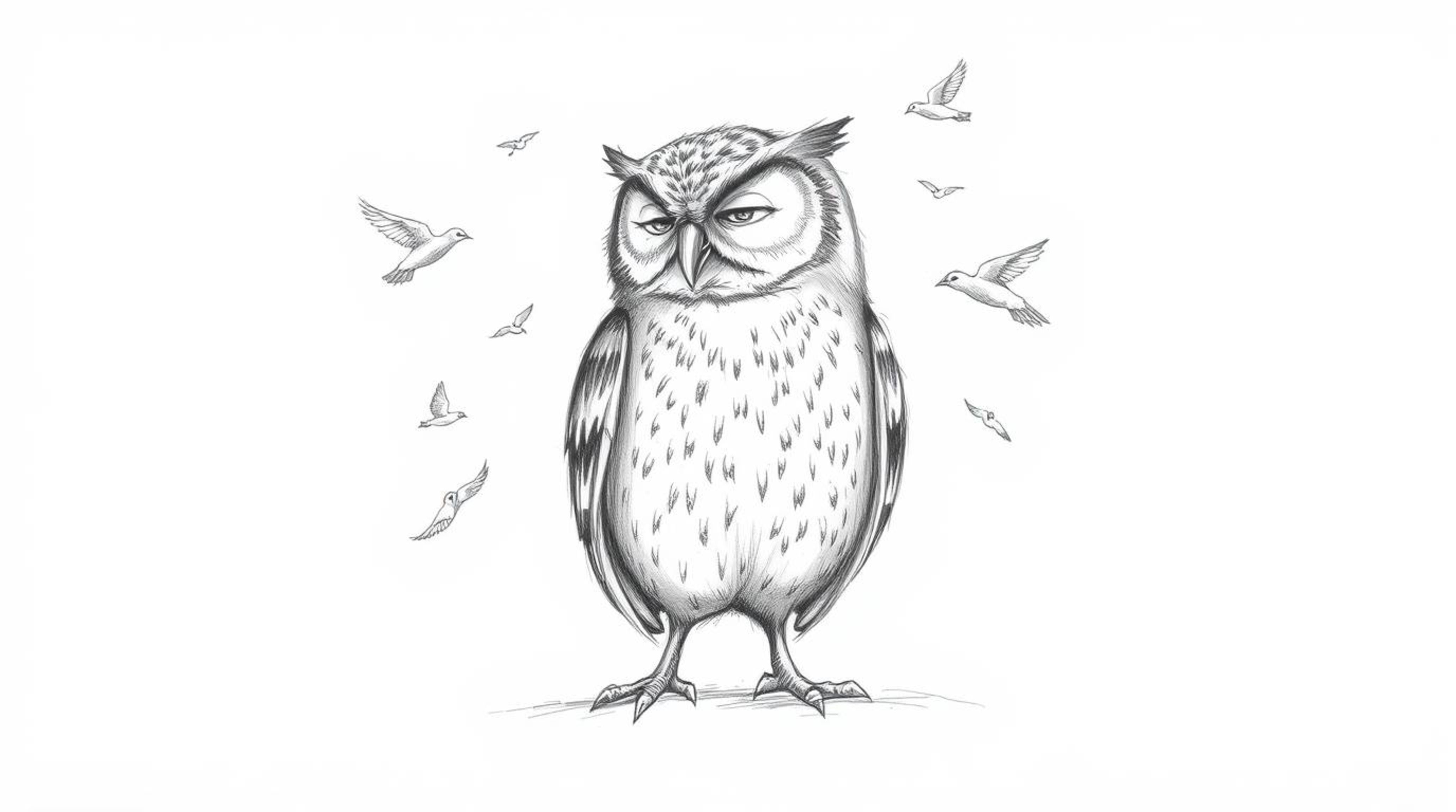 A hand-drawn sketch in textured pencil depicts a blind owl in a calm pose, contrasted against the energetic movement of small