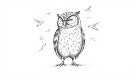 A hand-drawn sketch in textured pencil depicts a blind owl in a calm pose, contrasted against the energetic movement of small