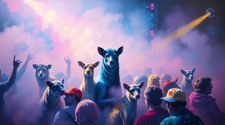 A bold acrylic painting depicts a lively animal disco party shrouded in thick fog.  Vibrant colors and textured brushstrokes 