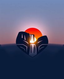 A geometric logo depicting a stylized sunset behind a dramatic waterfall. The design is characterized by its clean lines, bal