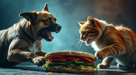 A dramatic, high-contrast cinematic scene depicting a fierce battle between a dog and a cat over a giant sandwich.  The compo