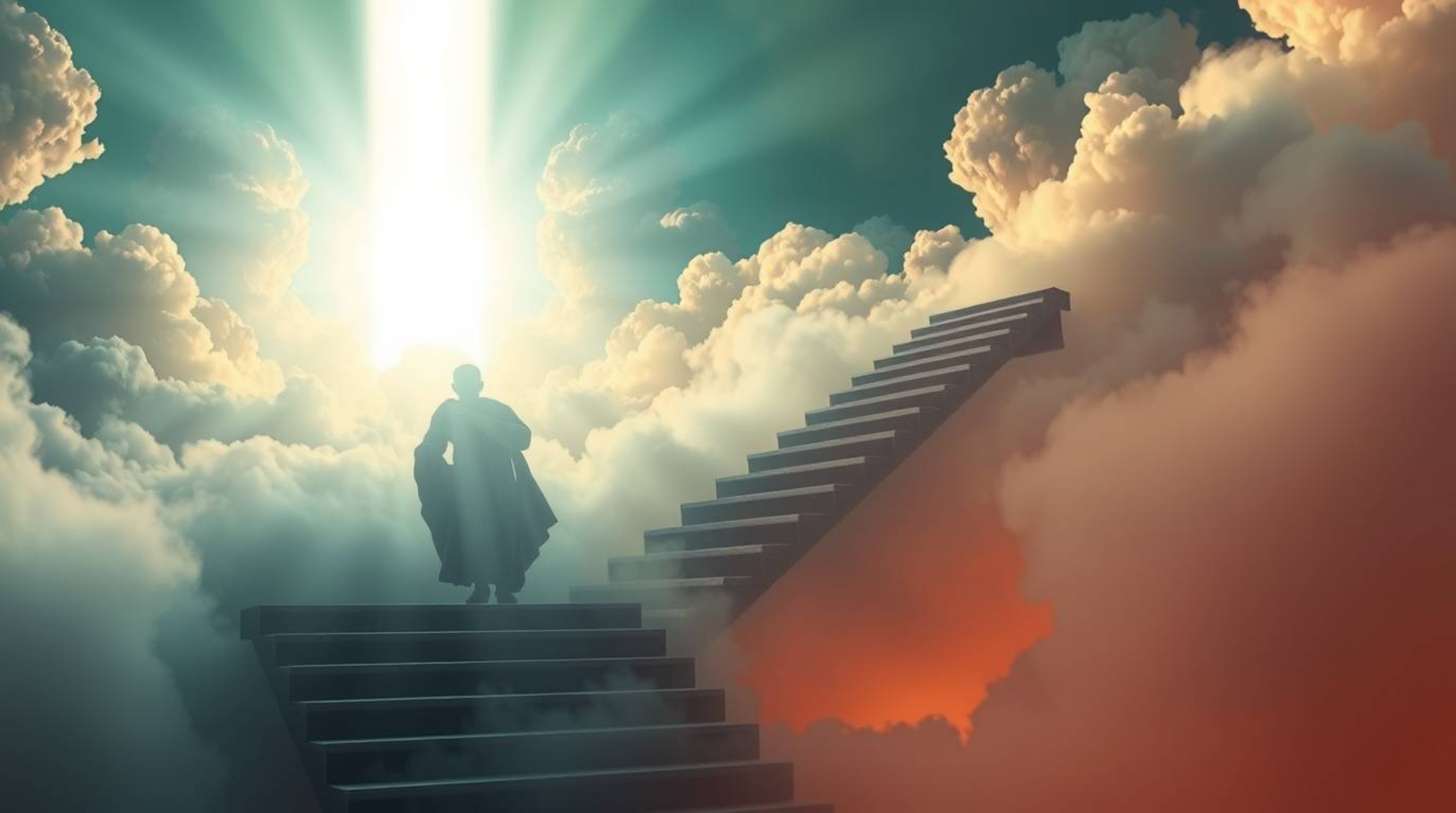A breathtaking image of a surreal stairway suspended among smoky clouds, leading towards a radiant celestial light, embodies 