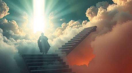 A breathtaking image of a surreal stairway suspended among smoky clouds, leading towards a radiant celestial light, embodies 