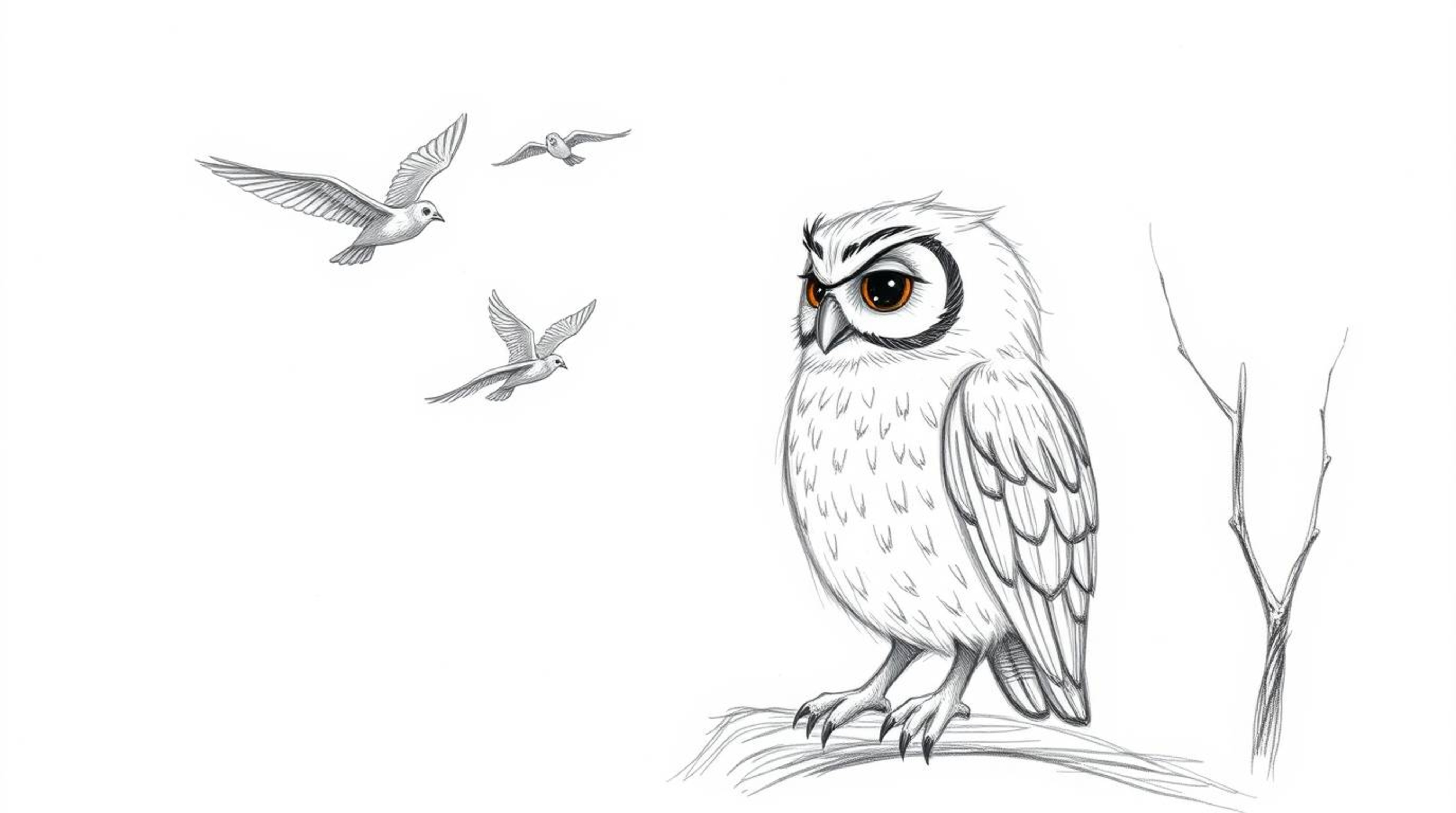 A heartwarming hand-drawn pencil sketch depicts a blind owl with a gentle expression, patiently teaching birds to fly in a ma