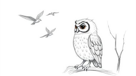 A heartwarming hand-drawn pencil sketch depicts a blind owl with a gentle expression, patiently teaching birds to fly in a ma