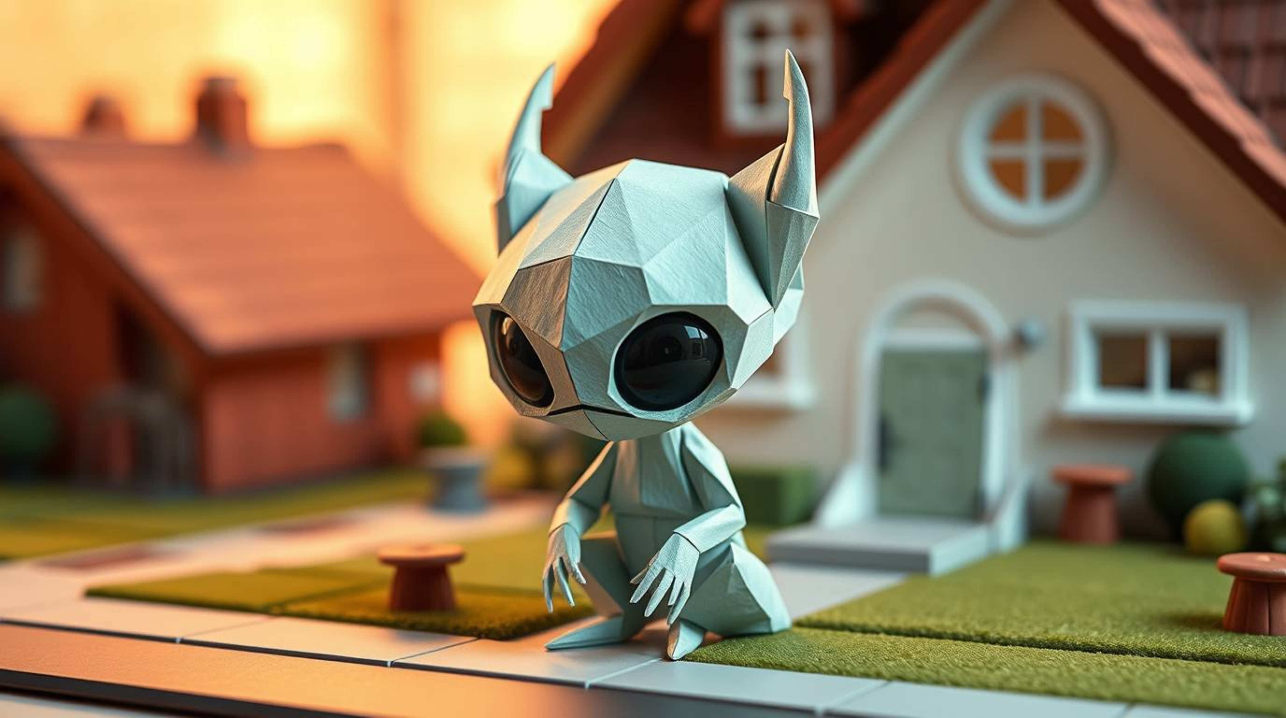 Discover the charming world of an adorable origami alien living in a quaint suburban house.  This intricately folded paper cr