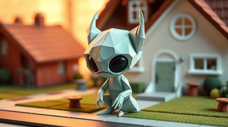 Discover the charming world of an adorable origami alien living in a quaint suburban house.  This intricately folded paper cr