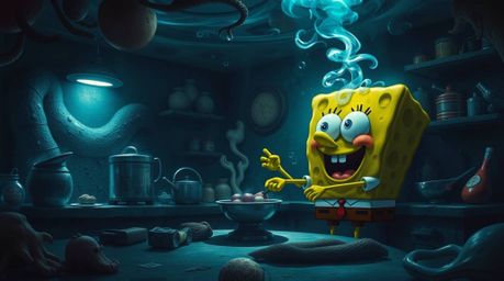 Dive into a dreamlike, surreal scene of a sponge character culinary masterpiece in an underwater kitchen. This 16:9 image sho