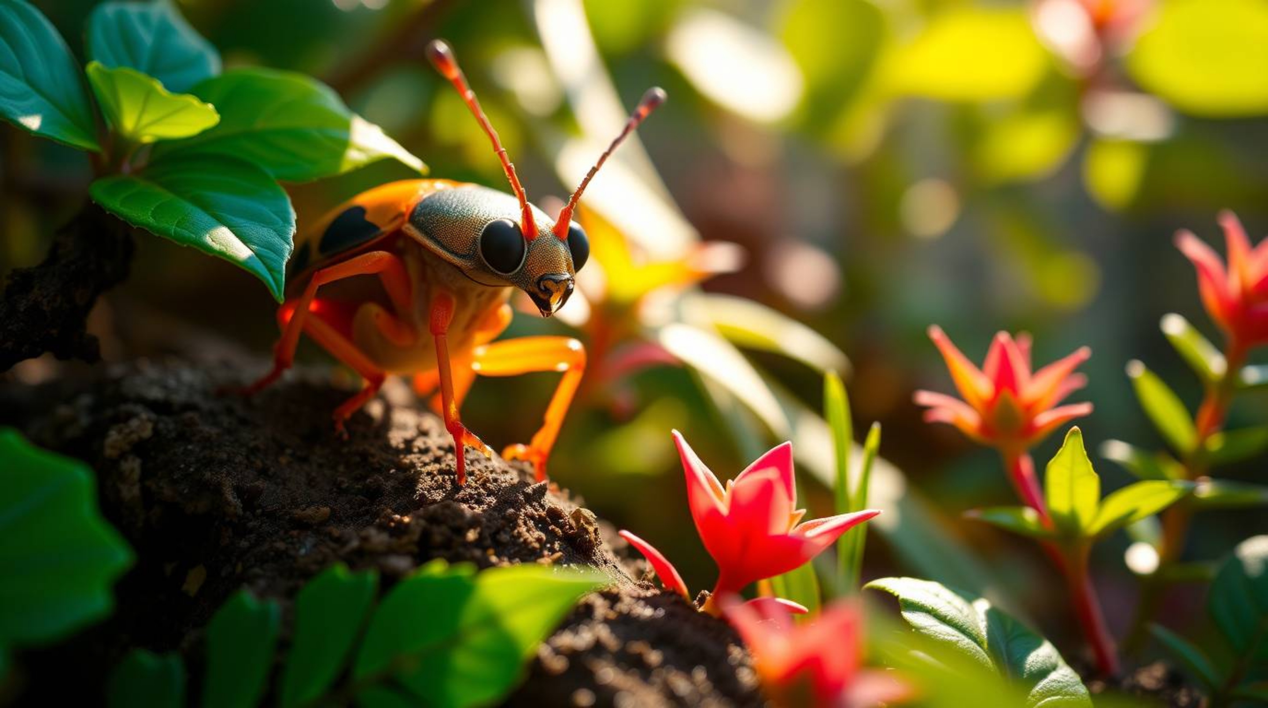 Explore a vibrant backyard jungle through the eyes of a bug-sized hero, captured with sharp details and dramatic lighting. Th