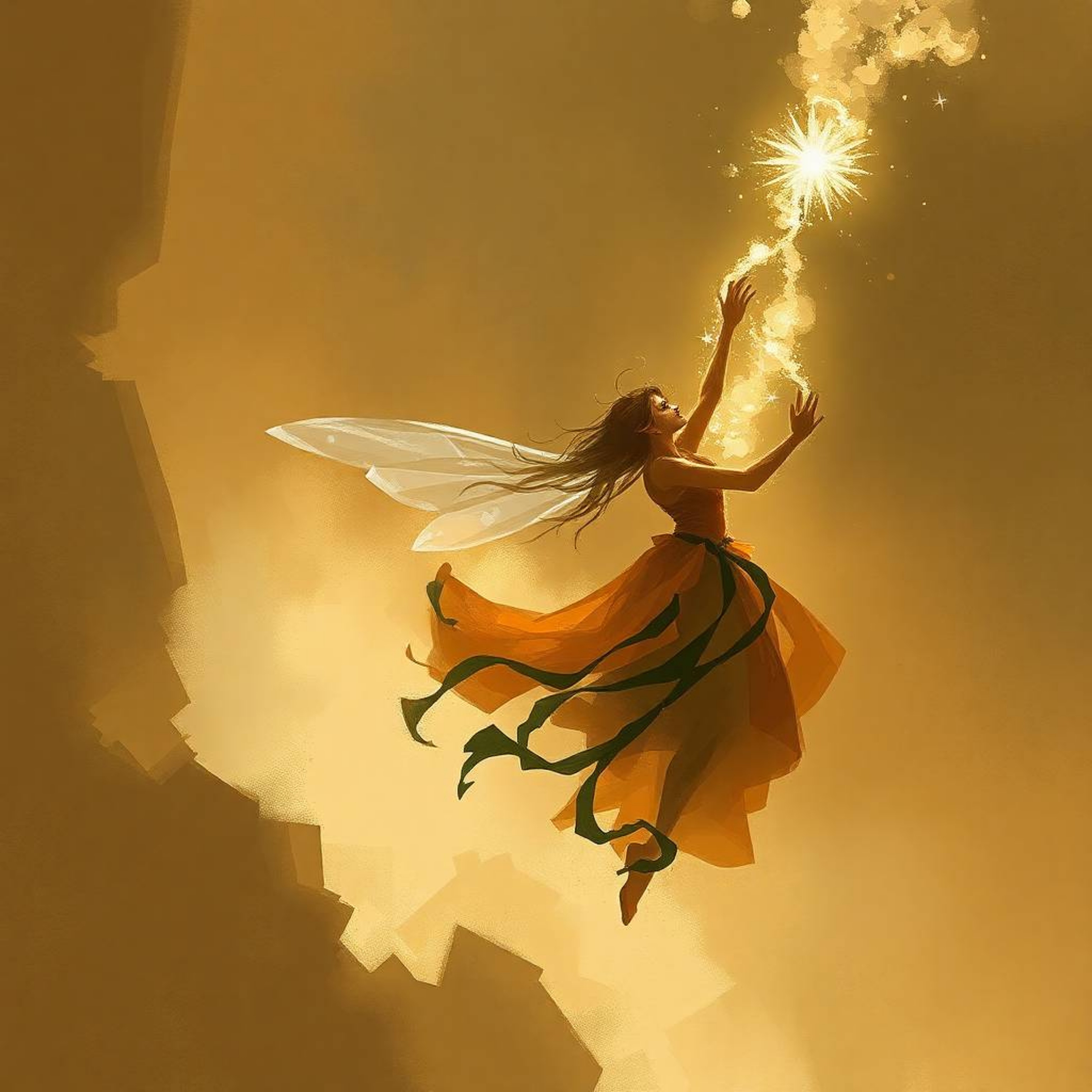 A captivating digital sketch depicting a fairy godmother emerging from a swirling vortex of sparkles.  The artwork features n