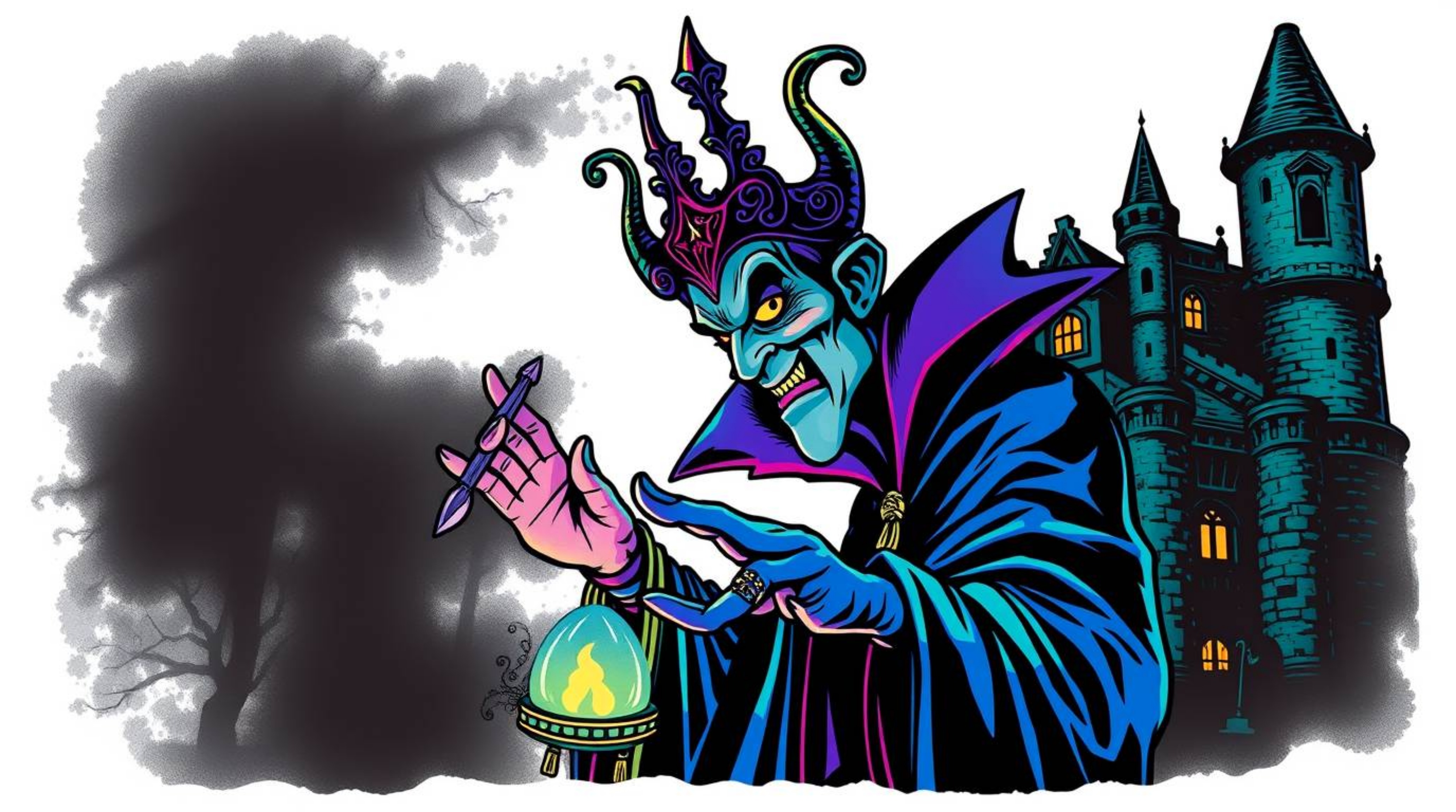A captivating high-contrast art print showcases a classic Disney villain casting a spell within an ancient castle.  Vibrant b