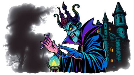 A captivating high-contrast art print showcases a classic Disney villain casting a spell within an ancient castle.  Vibrant b