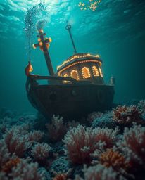 Explore a surreal underwater scene captured in infrared tones, featuring an adorable and charming shipwreck illuminated in th