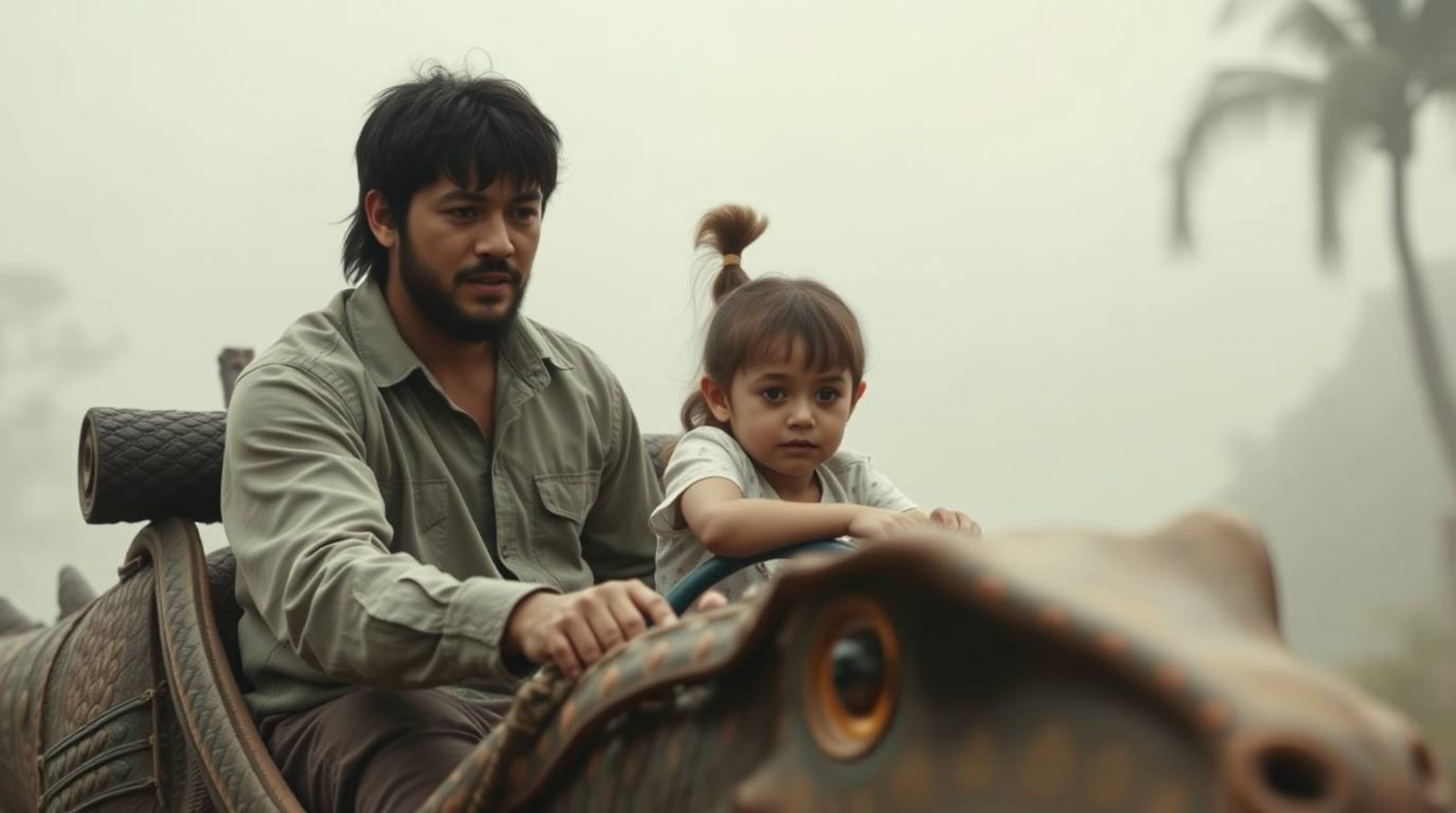 A captivating close-up shot depicts a prehistoric family embarking on a whimsical adventure in their dinosaur car. The image 