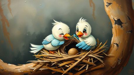 A captivating oil painting depicts two charming cartoon birds meticulously constructing their nest.  Rendered in a classic an