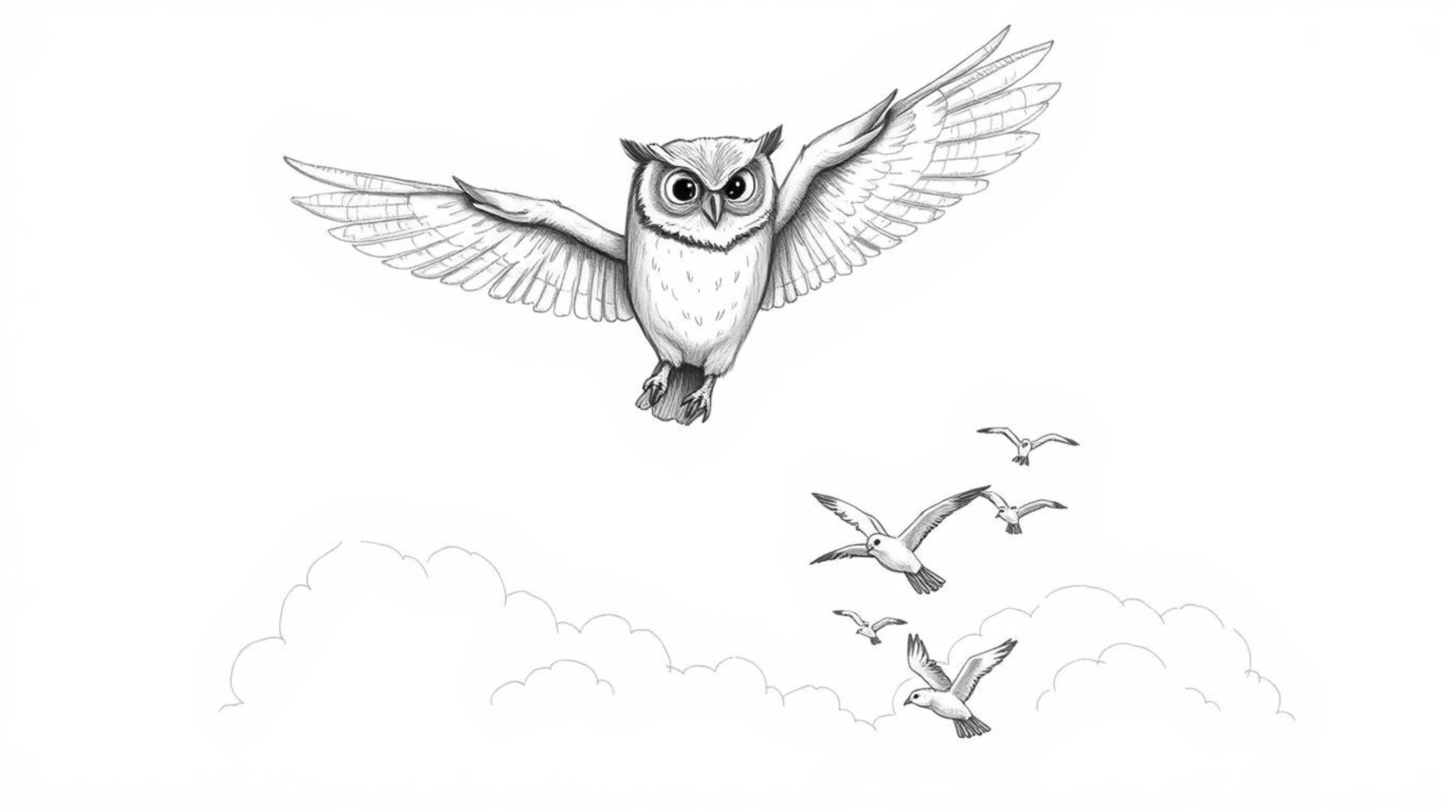 A hand-drawn, textured pencil sketch depicts a blind owl, rendered in a Pixar style, majestically soaring above fluffy white 