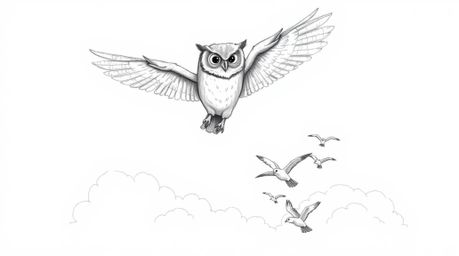 A hand-drawn, textured pencil sketch depicts a blind owl, rendered in a Pixar style, majestically soaring above fluffy white 
