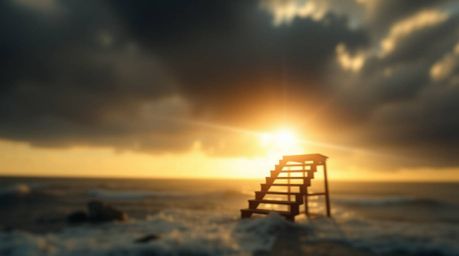 Experience the captivating allure of a dramatic staircase rising from the ocean and ascending into a stormy sky, illuminated 