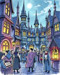 A captivating close-up sketchnote depicts a magical school brimming with young wizards.  The hand-drawn illustration showcase