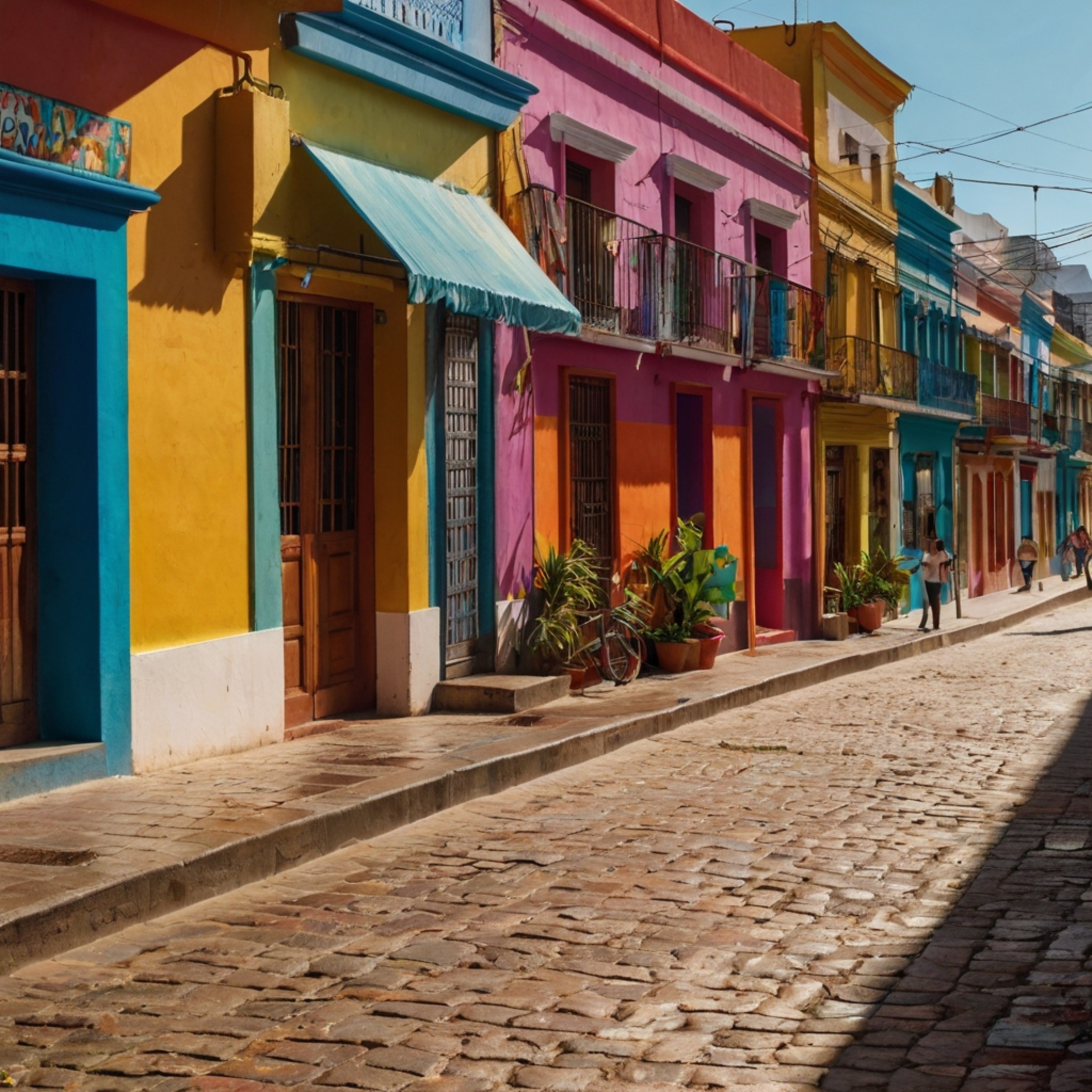 Experience the vibrant energy of a Latin American city in this scene of a colorful street. Brightly painted buildings and cap