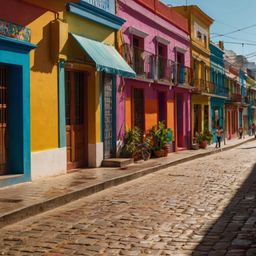 Experience the vibrant energy of a Latin American city in this scene of a colorful street. Brightly painted buildings and cap
