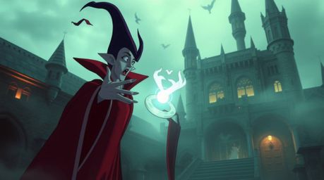 A captivating image of a classic Disney villain performing a spell within an ancient castle, rendered in a dreamy Isekai anim