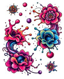 This artwork features a traditional tattoo-style print showcasing abstract 3D colorful splash shapes seemingly floating in sp