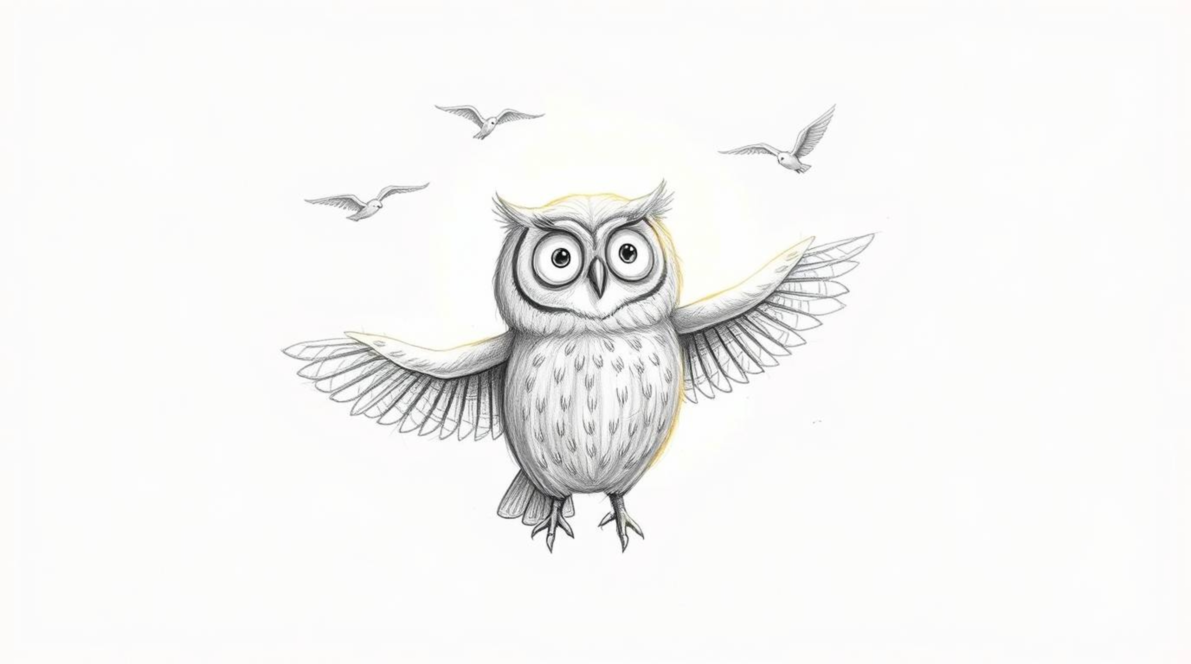 Experience a heartwarming scene of a blind owl with luminous feathers bathed in sunlight, guiding birds in flight. Rendered i
