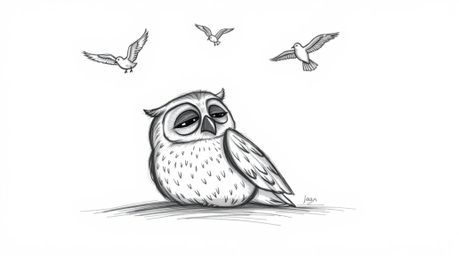 A hand-drawn sketch depicts a blind owl, rendered in the style of Pixar animation, resting peacefully against a white backgro