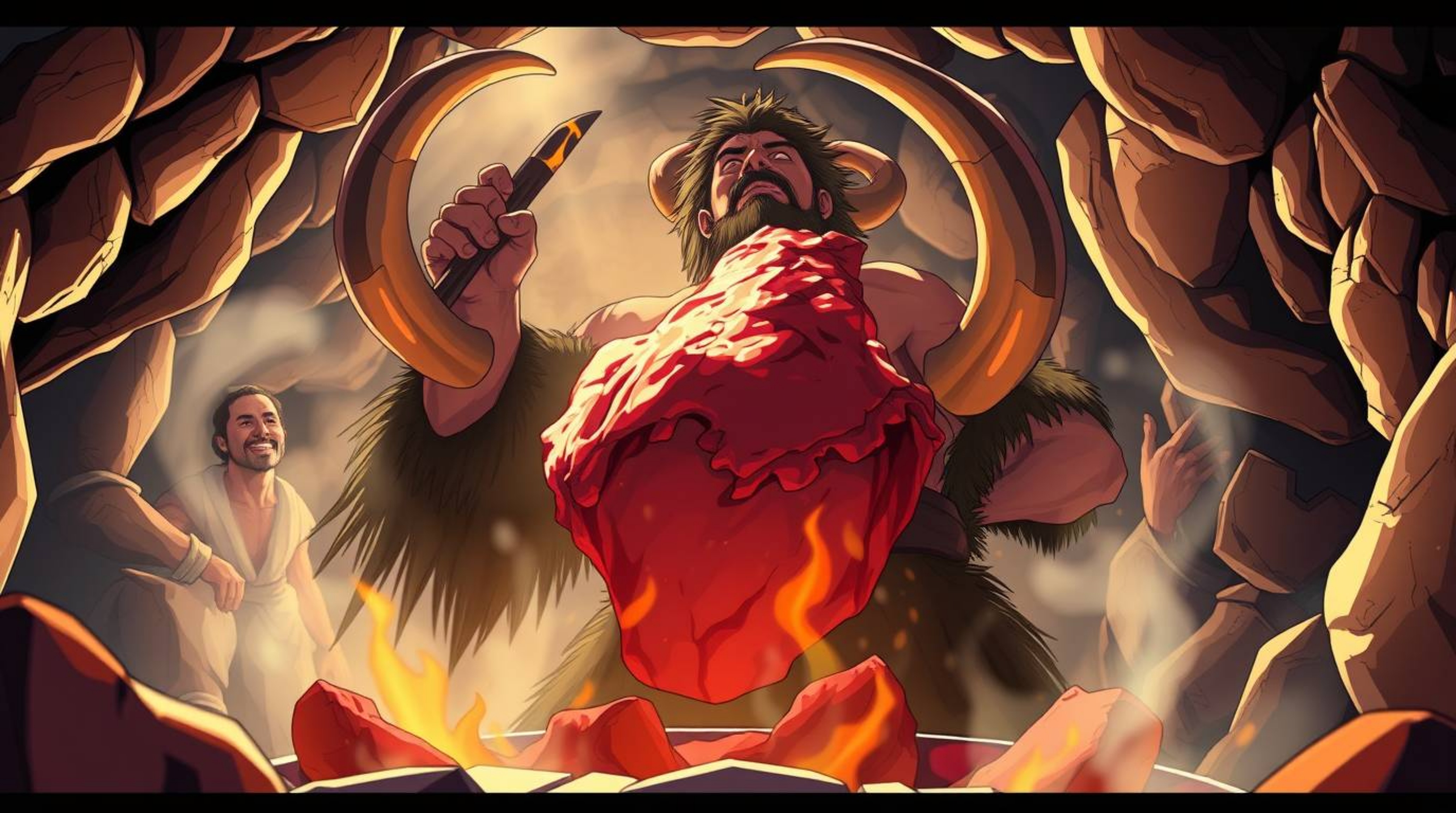 Experience a prehistoric culinary scene with a low-angle perspective of a caveman expertly cooking mammoth meat. Rendered in 