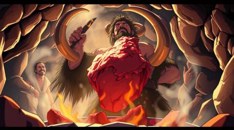 Experience a prehistoric culinary scene with a low-angle perspective of a caveman expertly cooking mammoth meat. Rendered in 