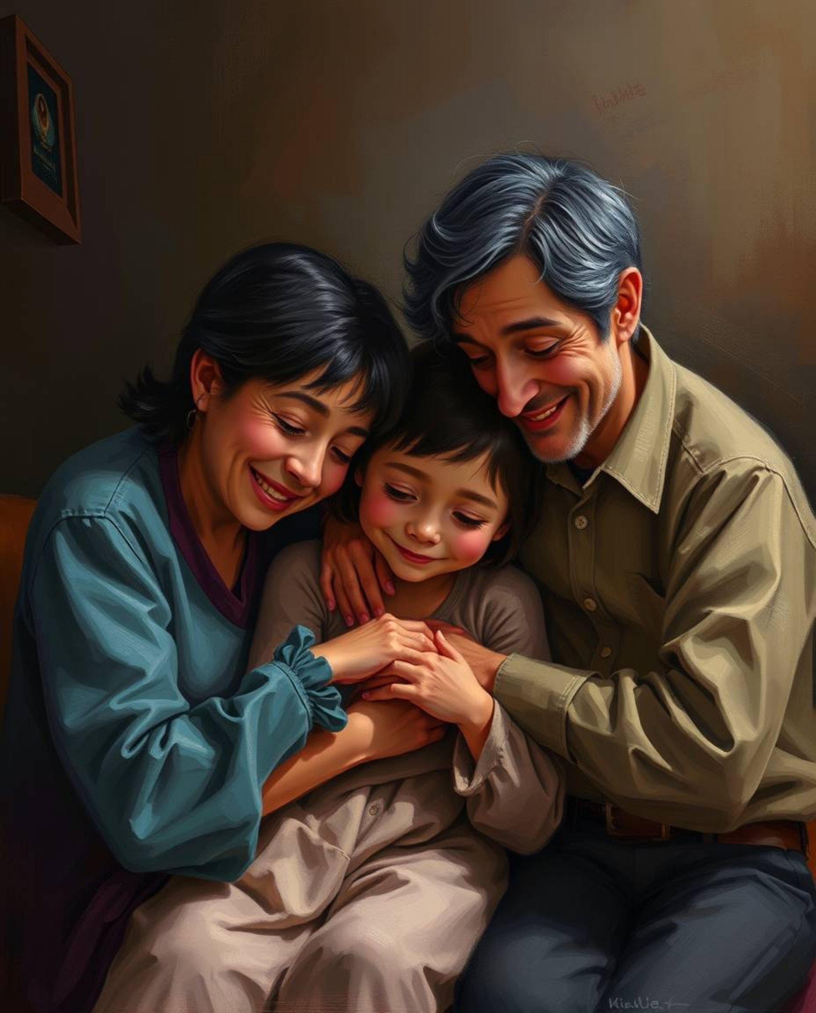 This artwork captures a heartwarming family reunion in the vibrant Pixar style, rendered as a classic oil painting. The piece