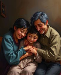 This artwork captures a heartwarming family reunion in the vibrant Pixar style, rendered as a classic oil painting. The piece