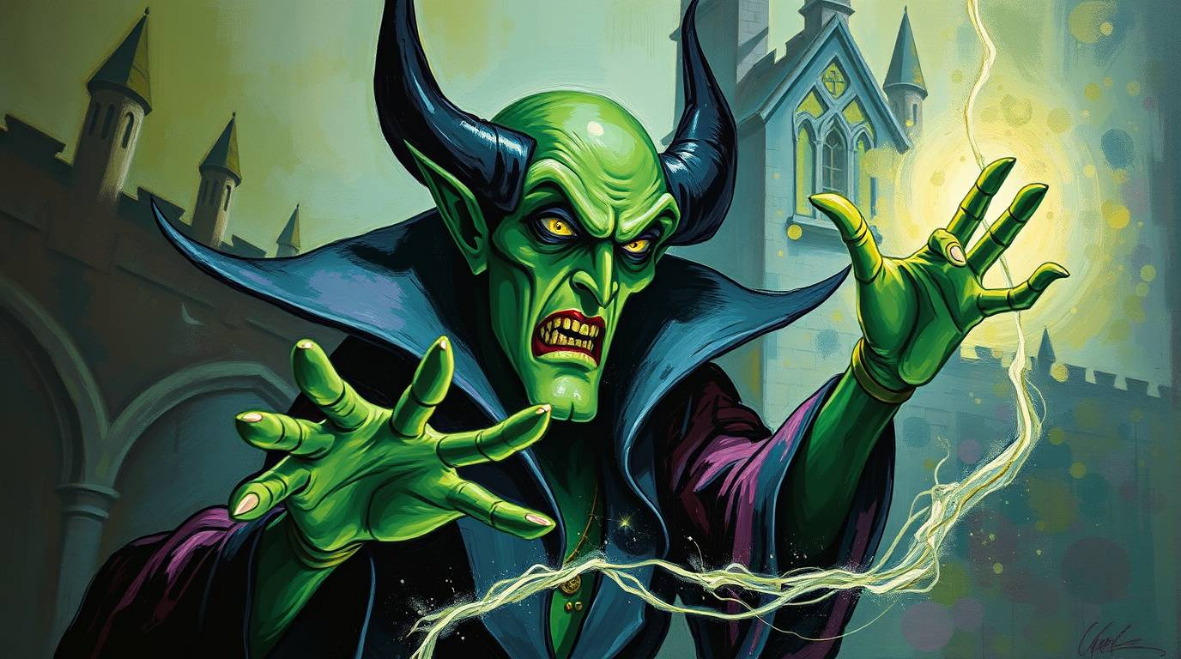 This stunning acrylic painting captures a classic Disney villain with green skin and sharp features, conjuring a powerful spe