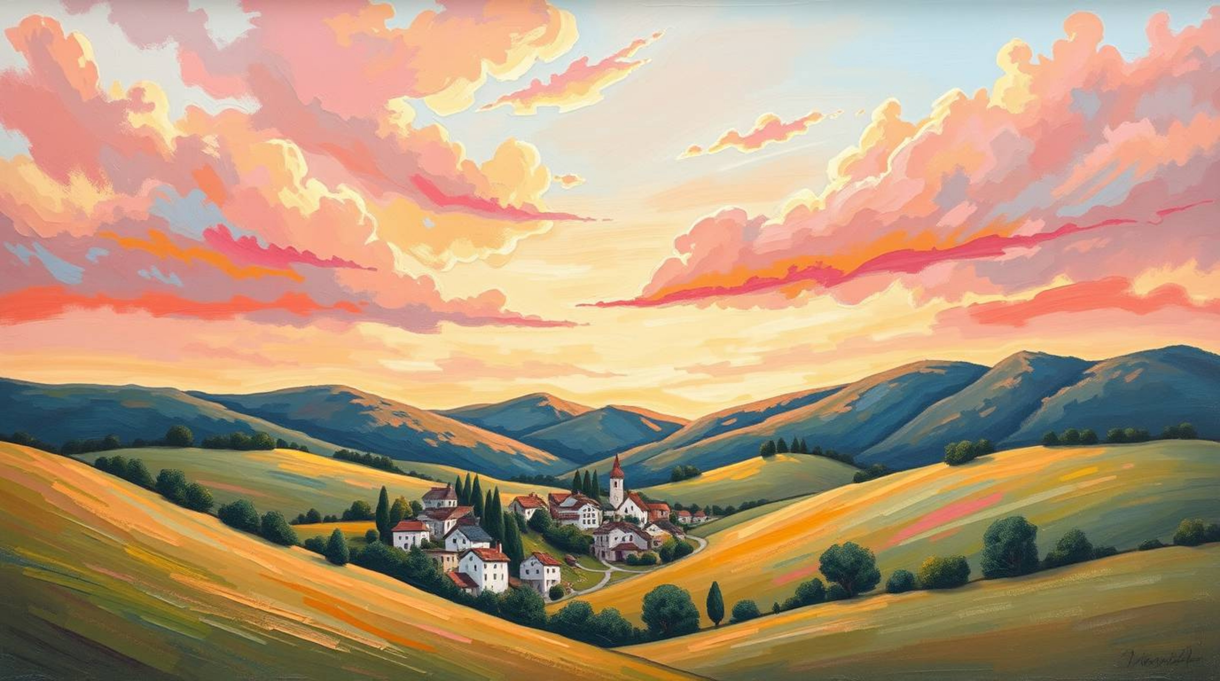 Immerse yourself in a captivating scene of a cozy village nestled in a valley, brought to life through a vibrant acrylic pain