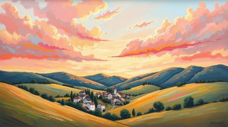 Immerse yourself in a captivating scene of a cozy village nestled in a valley, brought to life through a vibrant acrylic pain
