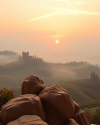 This is a sculptural clay art piece depicting a Tuscan sunset over misty rolling hills, viewed from a high-angle perspective 