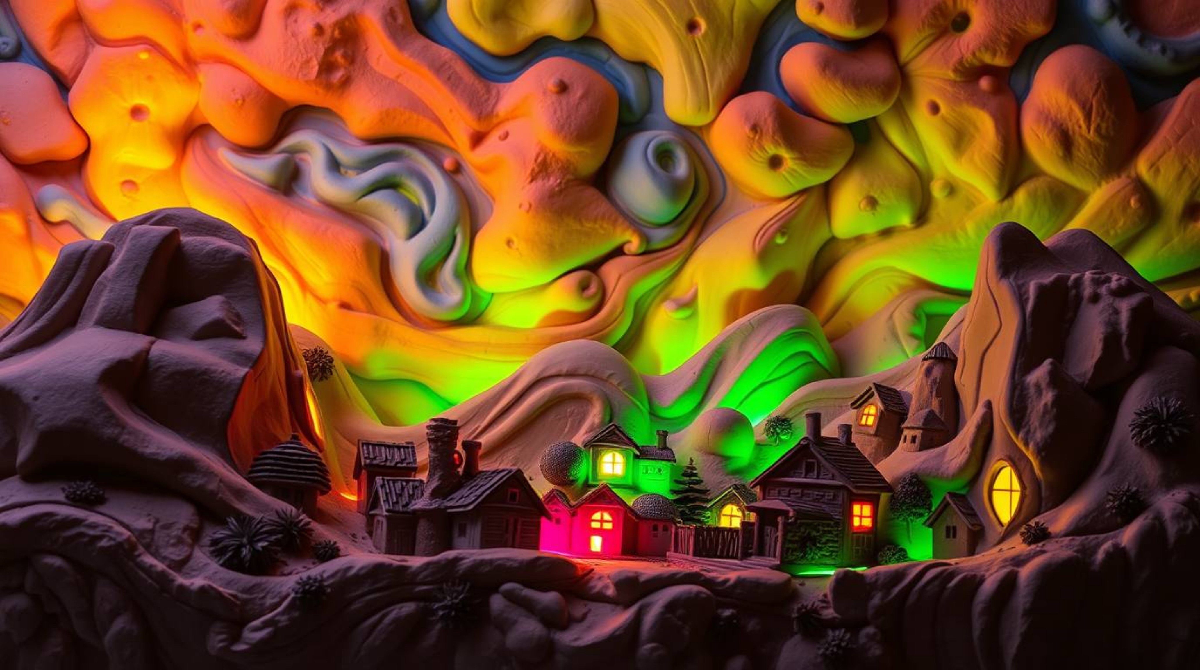 This stunning sculptural clay art piece depicts a cozy village nestled peacefully in a valley, all under the vibrant glow of 