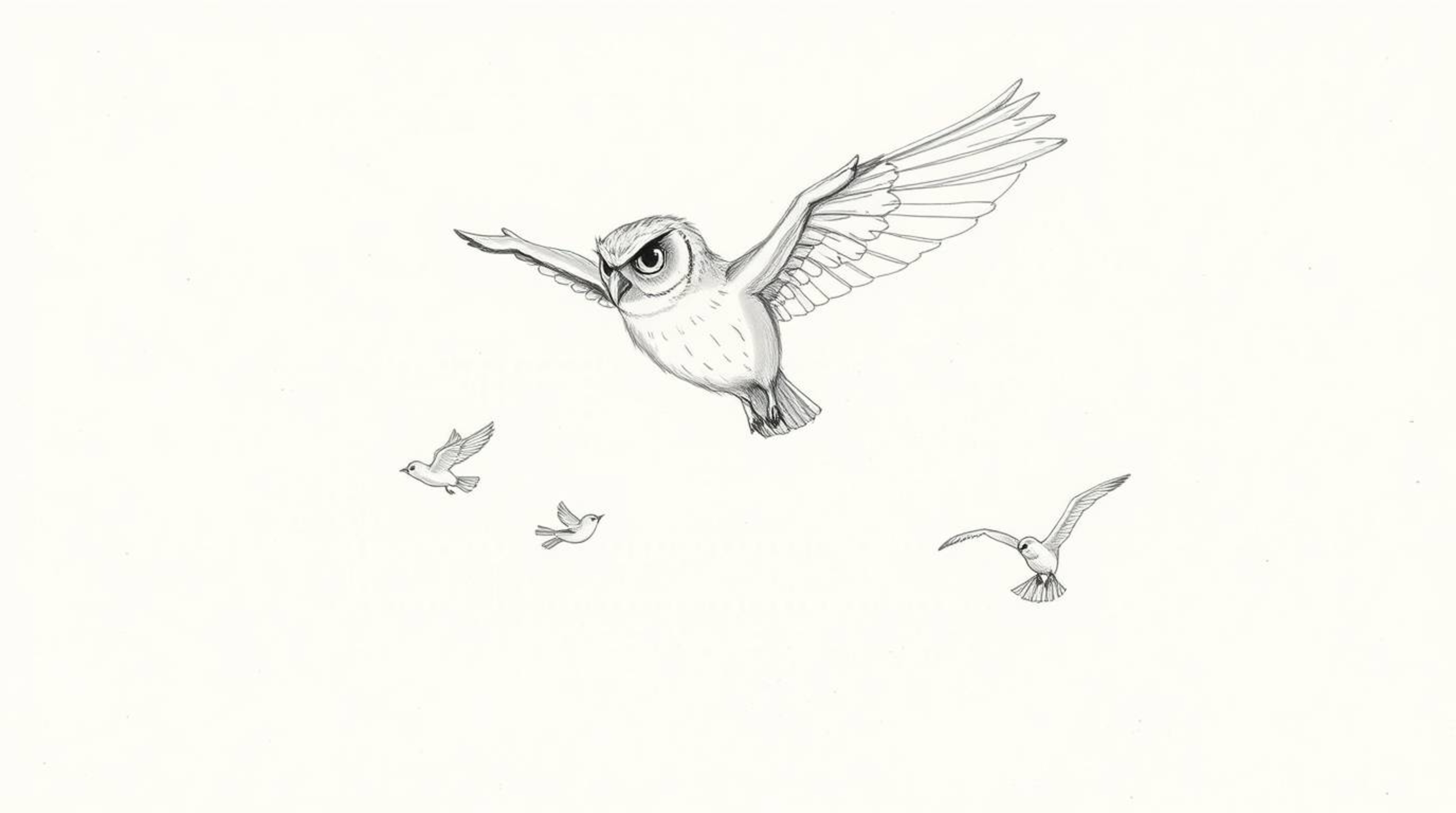 A charming hand-drawn sketch in the style of Pixar depicts a blind owl, its soft feathers ruffled, gently guiding small birds
