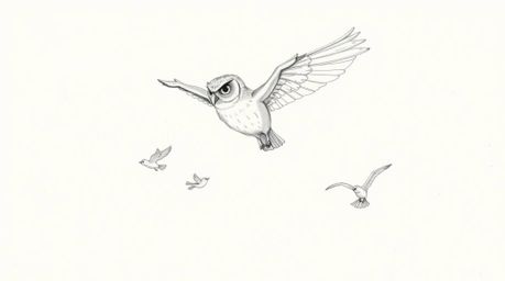 A charming hand-drawn sketch in the style of Pixar depicts a blind owl, its soft feathers ruffled, gently guiding small birds