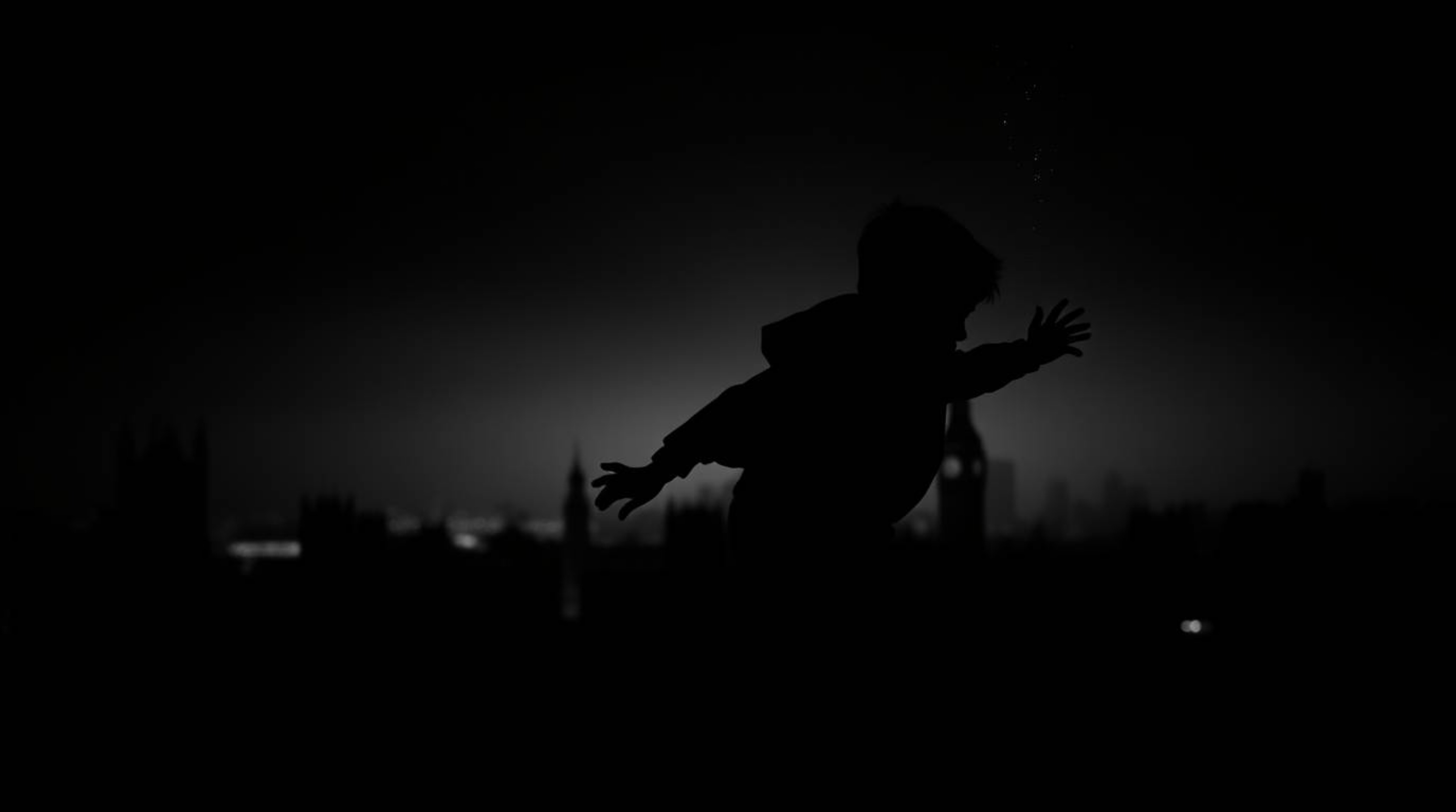 A captivating image featuring a young boy silhouetted against the London skyline, seemingly flying with the aid of barely vis