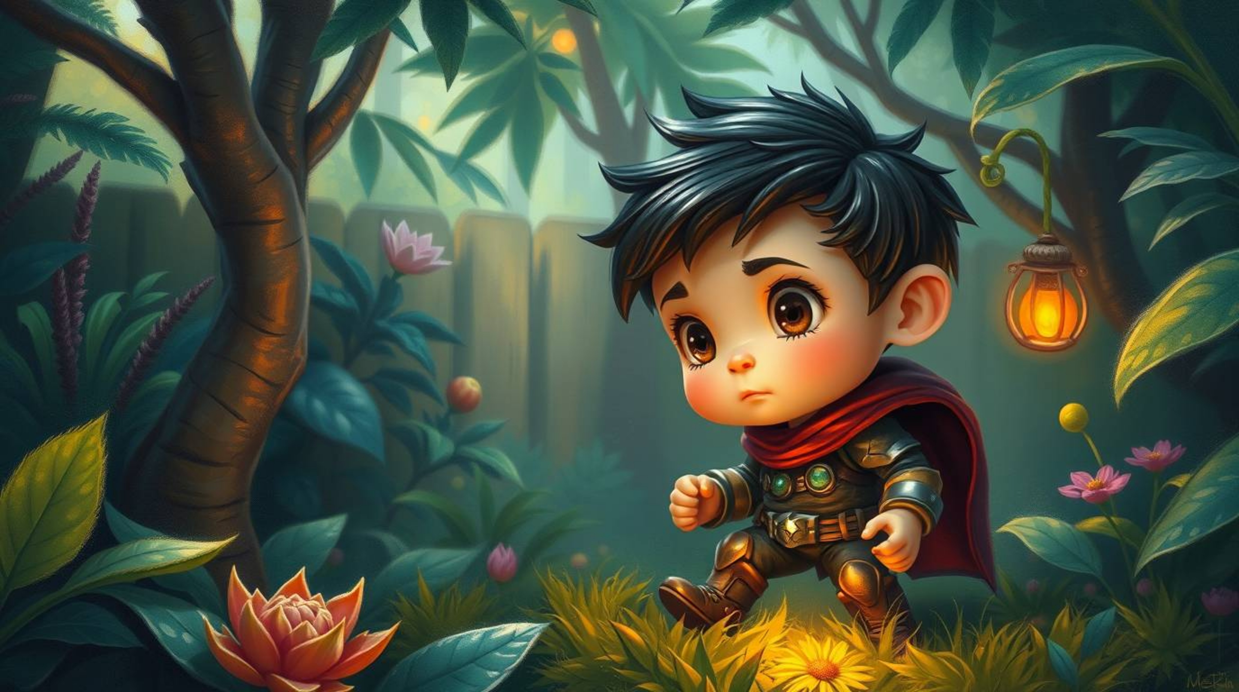 Imagine a miniature hero with refined features embarking on an adventure through a lush backyard jungle. This oil painting st