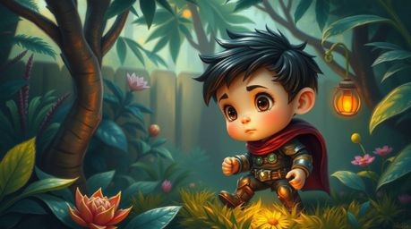 Imagine a miniature hero with refined features embarking on an adventure through a lush backyard jungle. This oil painting st