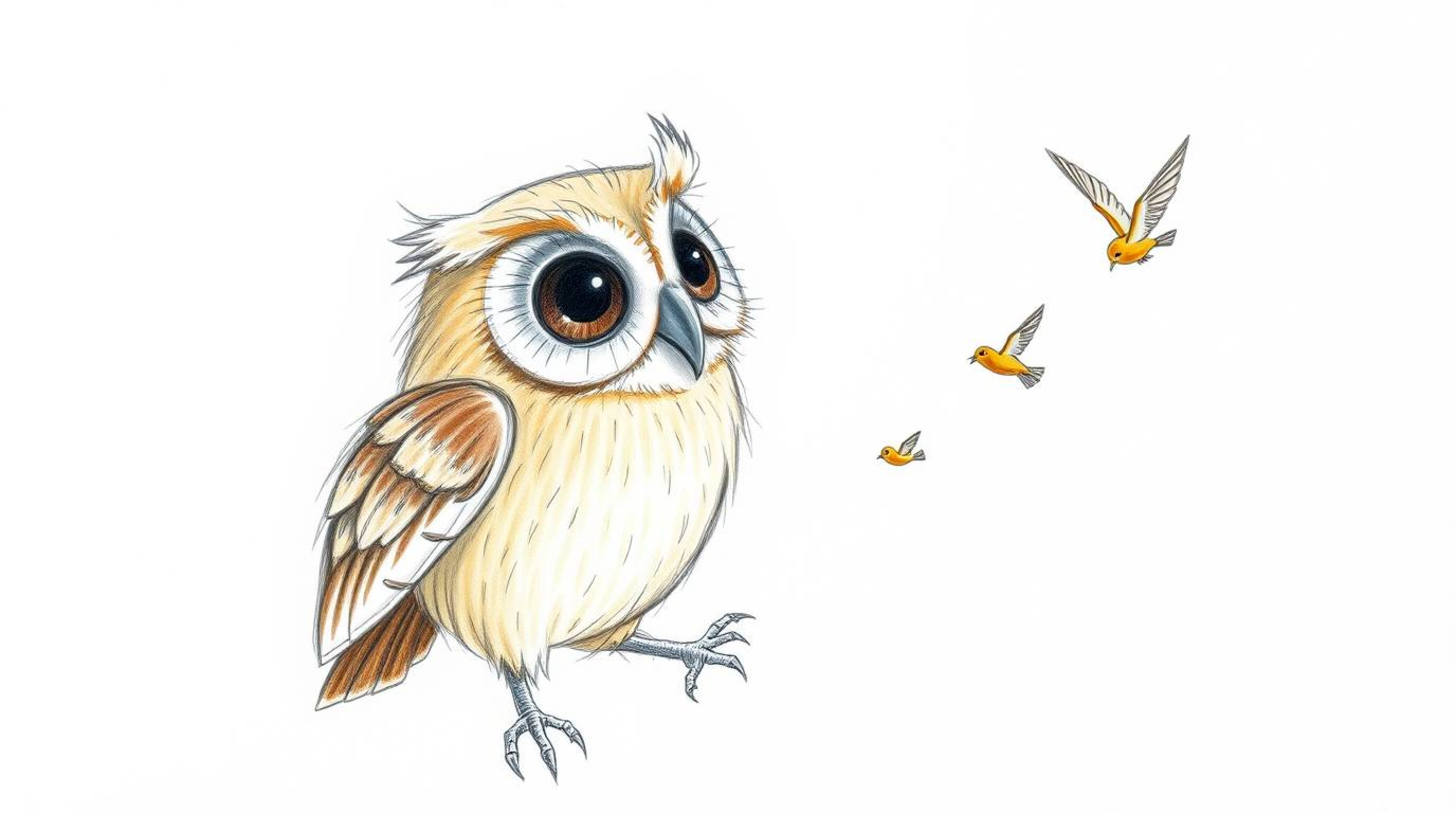 A heart-warming hand-drawn sketch in the style of Pixar depicts a blind owl with luminous, glowing feathers bathed in a sunbe